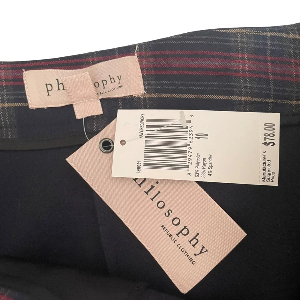 NWT Philosophy Navy Plaid Pencil Skirt With Zipper Details Women’s Size 10